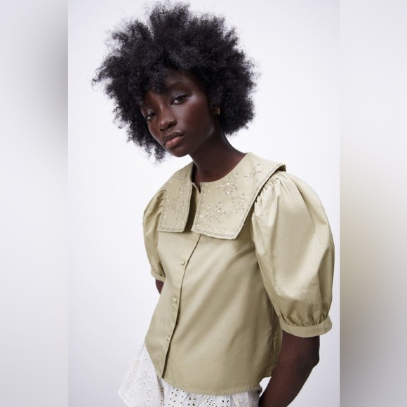 NWT Zara Embroidered Collar Shirt in Sea Green - Picture 1 of 9